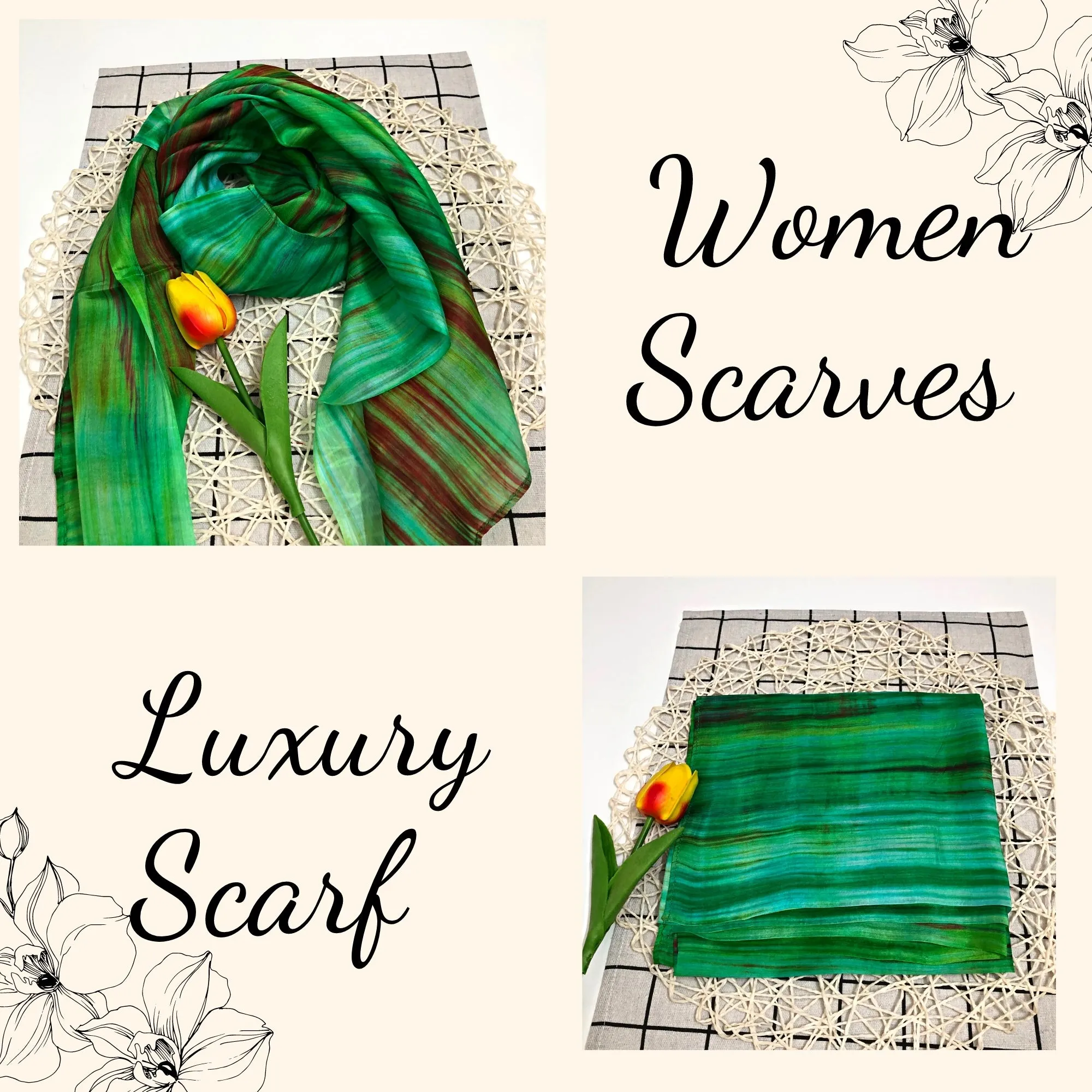 100% MULBERRY SILK SCARF - Pure mulberry silk - Green Square Scarf - Women's Scarves - Fashion Scarf - Handmade Silk Scarf - Gift for her