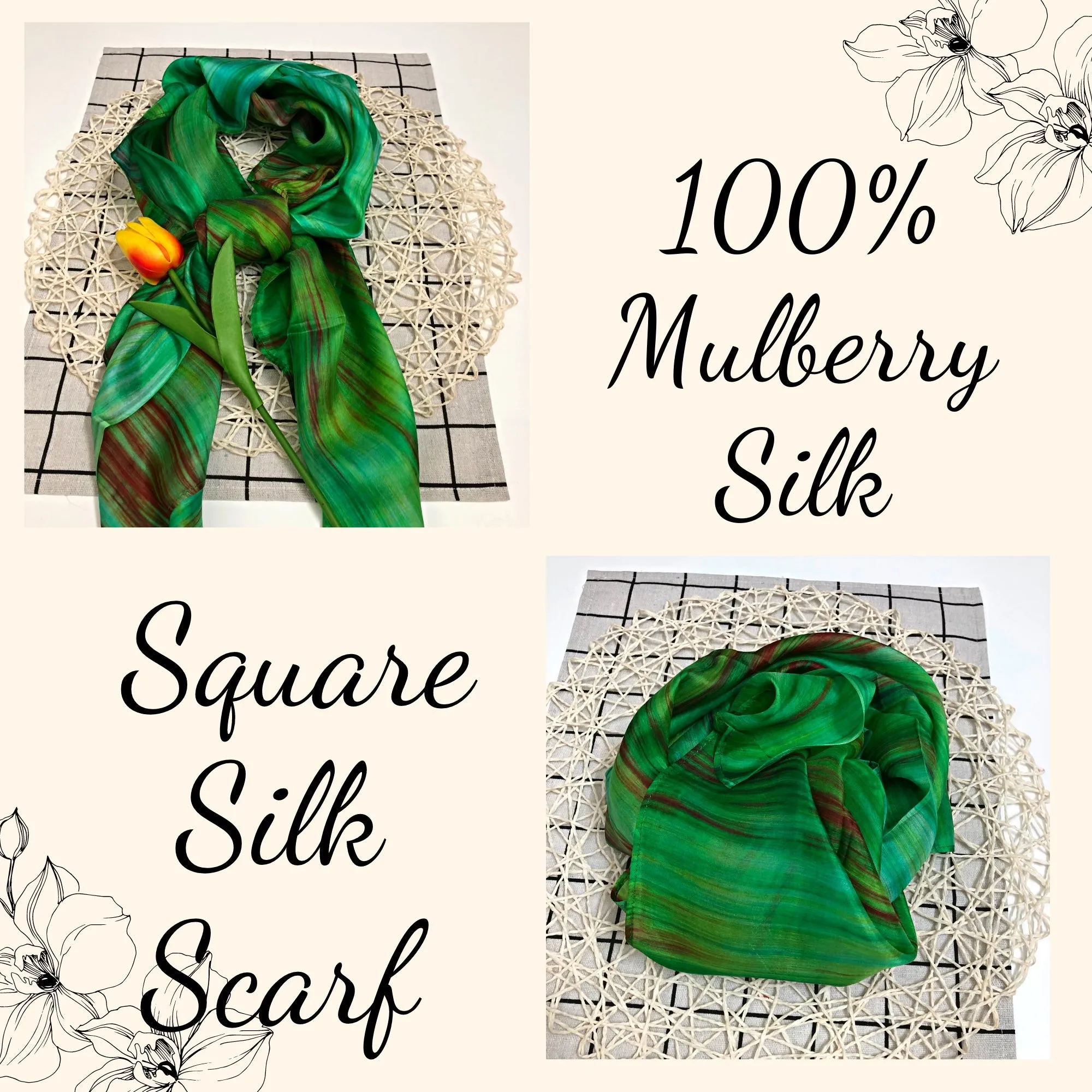 100% MULBERRY SILK SCARF - Pure mulberry silk - Green Square Scarf - Women's Scarves - Fashion Scarf - Handmade Silk Scarf - Gift for her