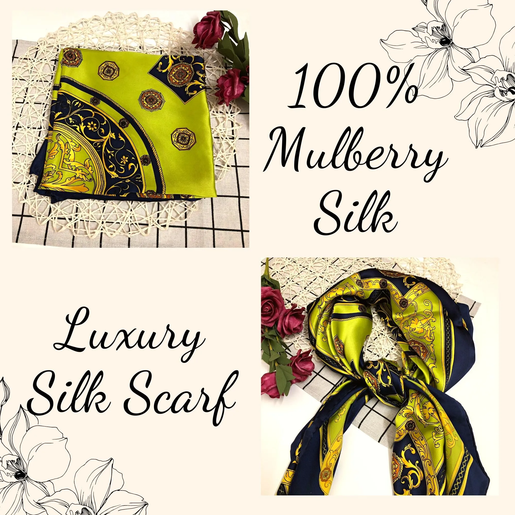 100% MULBERRY SILK SCARF - Pure mulberry silk - Square Scarf - Women's Scarves - Fashion Scarf - Scarf - Gift for her