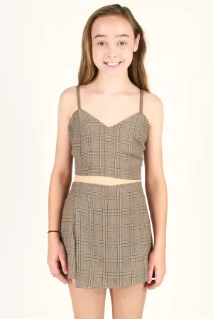 Adjustable Cami Top and Skorts - Beige Plaid