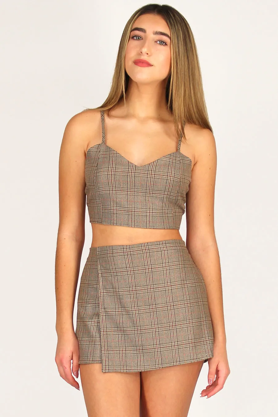 Adjustable Cami Top and Skorts - Beige Plaid