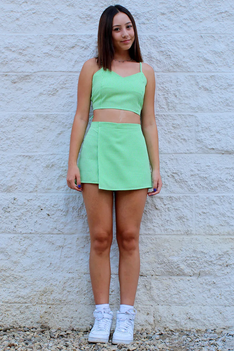 Adjustable Cami Top and Skorts - Lime Green Gingham