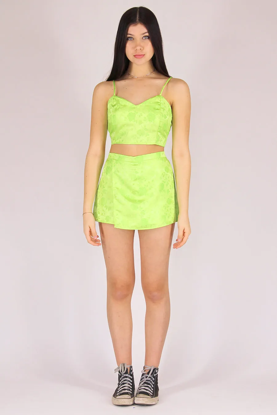 Adjustable Cami Top and Skorts - Lime Green Satin with Roses