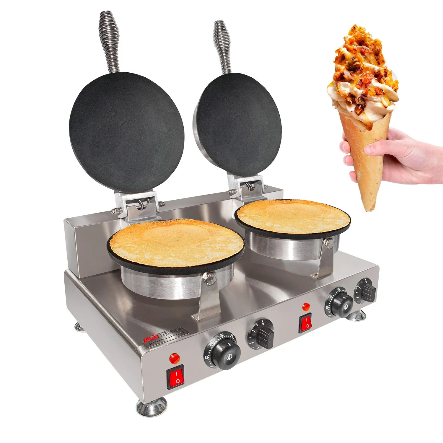 ALDKitchen Waffle Cone Maker | Commercial Double Waffle Roll Maker | Stainless Steel | Nonstick Coating | 2kW