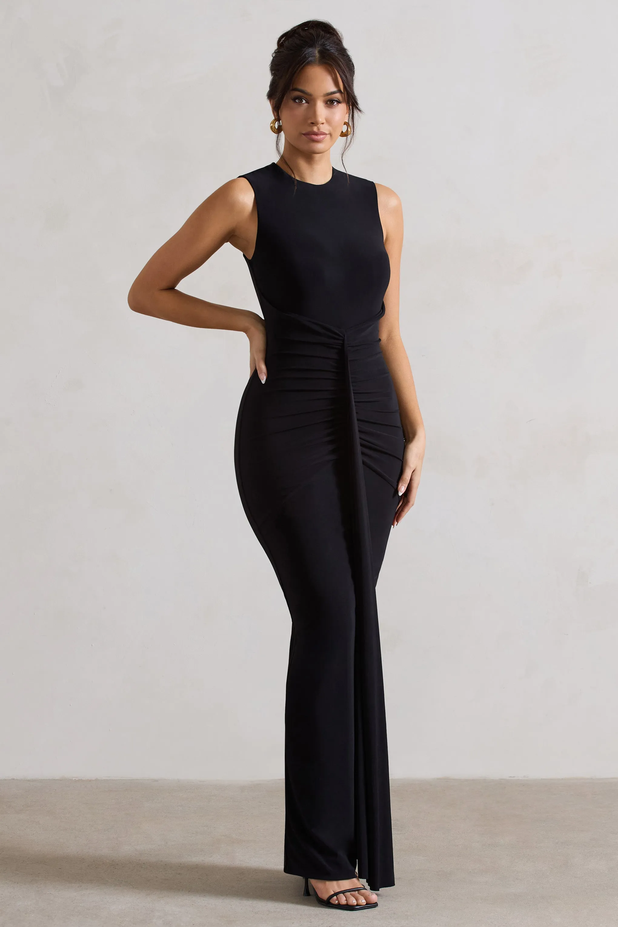 Alexa | Black High-Neck Gathered Maxi Dress With Drape