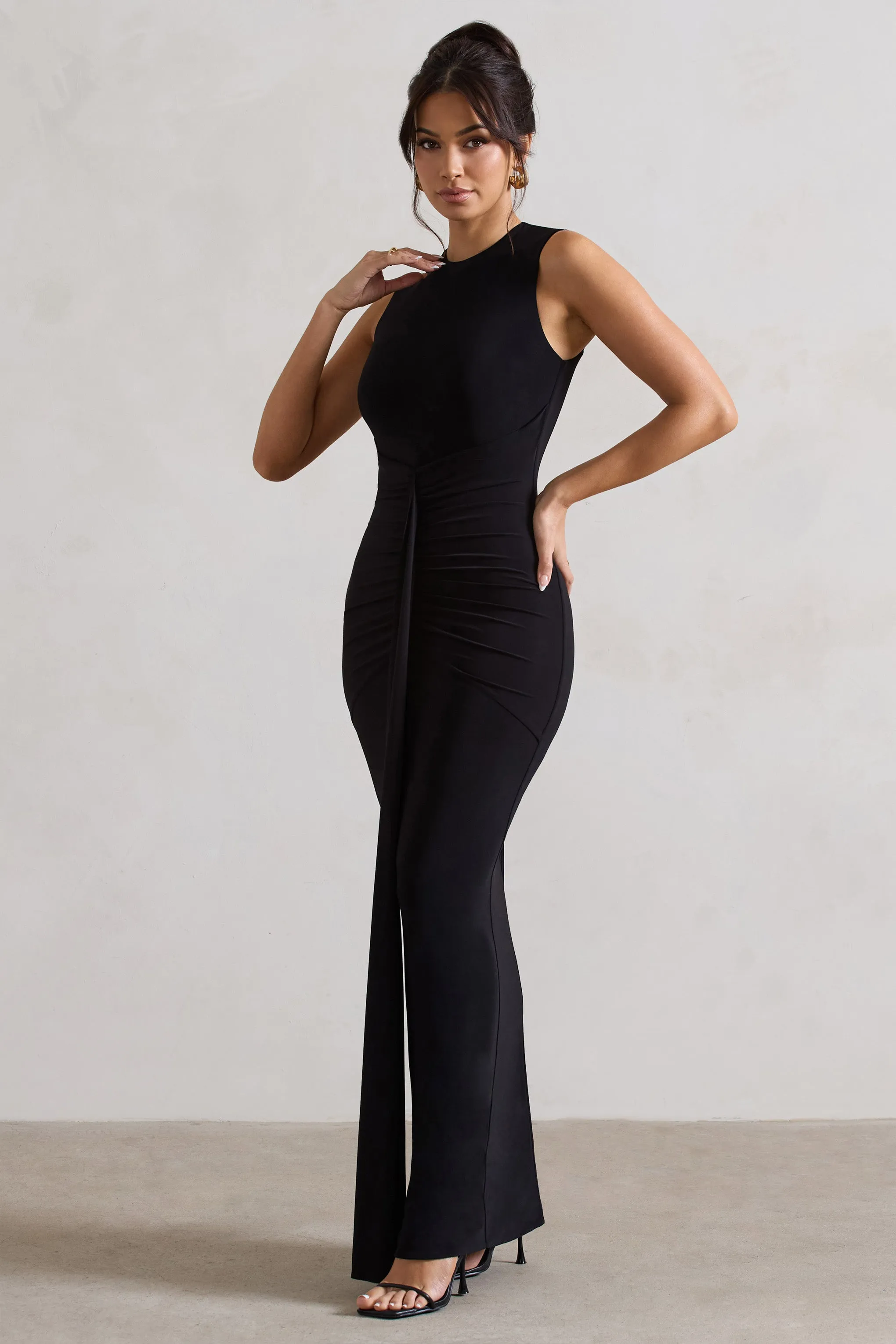 Alexa | Black High-Neck Gathered Maxi Dress With Drape