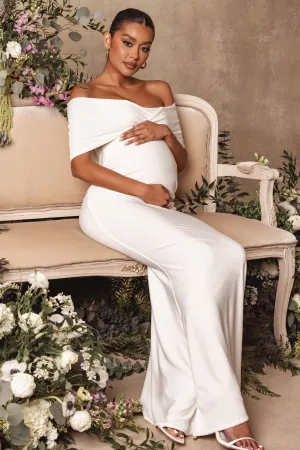 Amal | White Bardot Wrap Neckline Maternity Maxi Dress