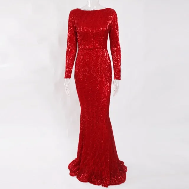 Amy Fashion - Elegant O Neck Long Sleeve Sequin Maxi Dress