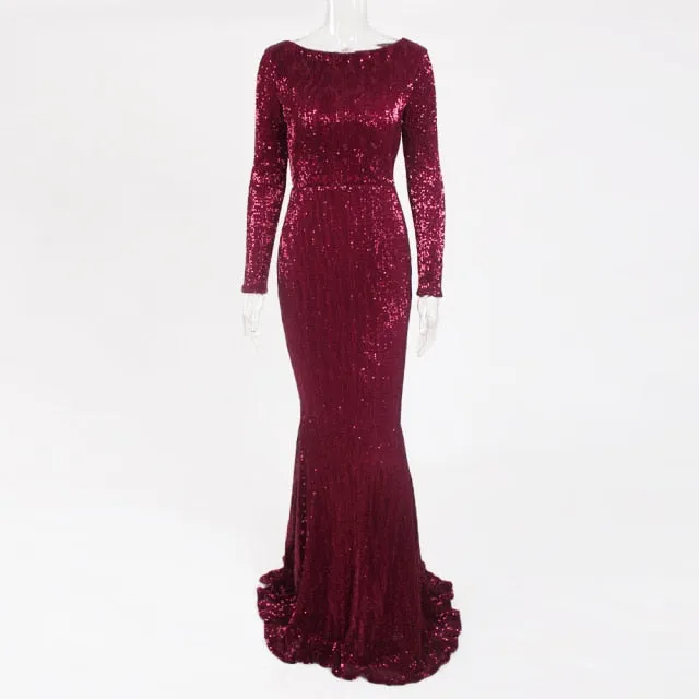 Amy Fashion - Elegant O Neck Long Sleeve Sequin Maxi Dress