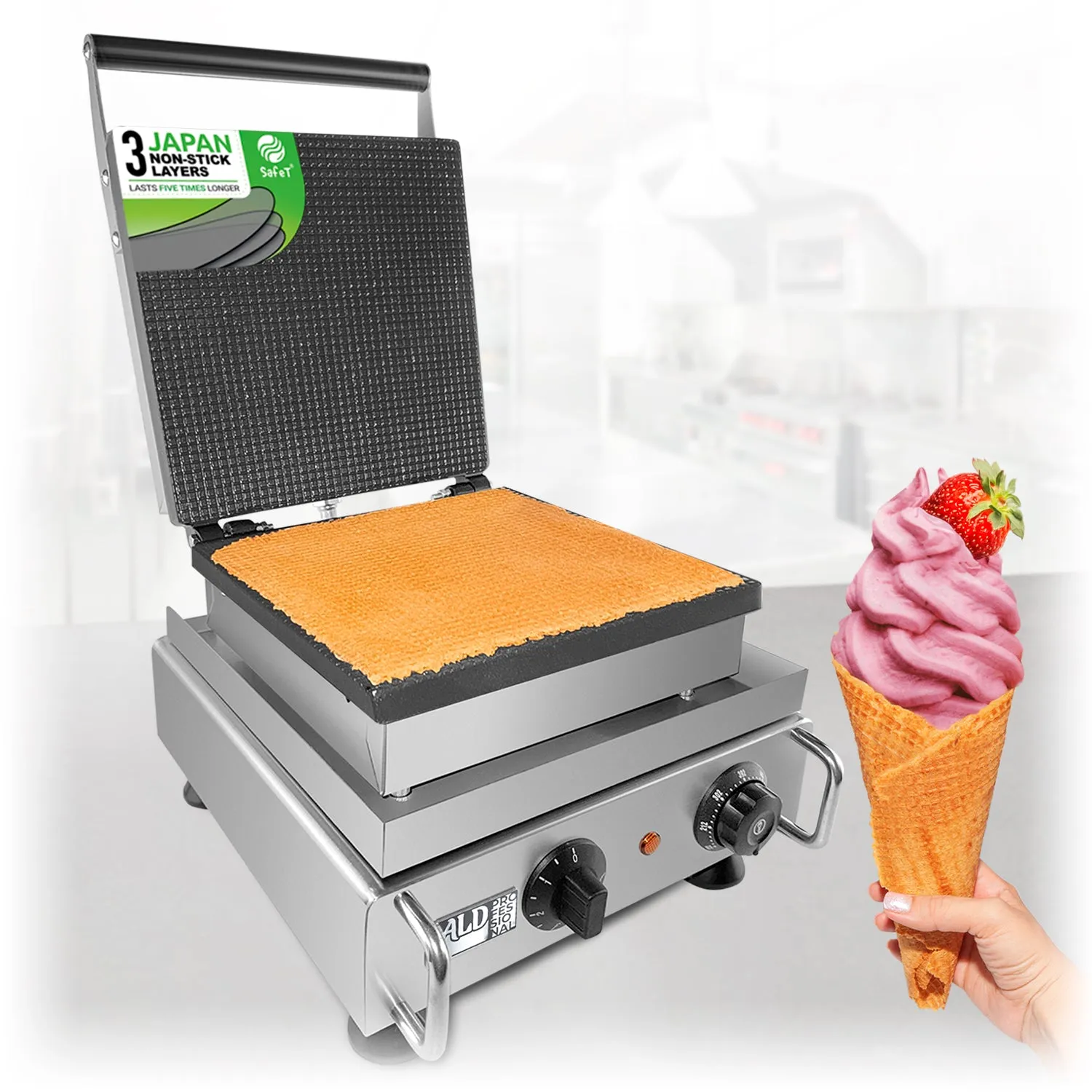 AP-517 Waffle Cone Maker | Square Waffle Cone Machine | Ice Cream Cone Waffle Iron | Nonstick