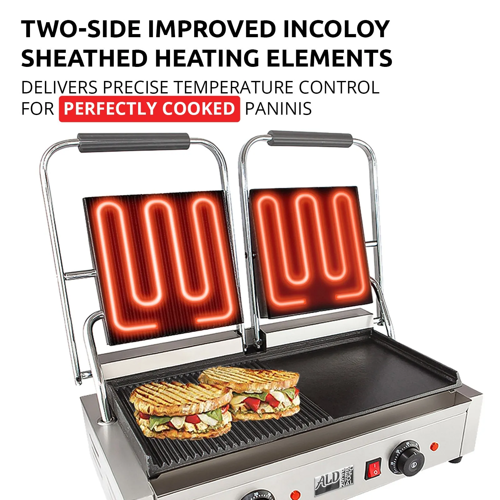 AP-691 Double Panini Press | Half-Ribbed & Half-Flat Sandwich Maker | Cast-Iron Plates | Nonstick Coating