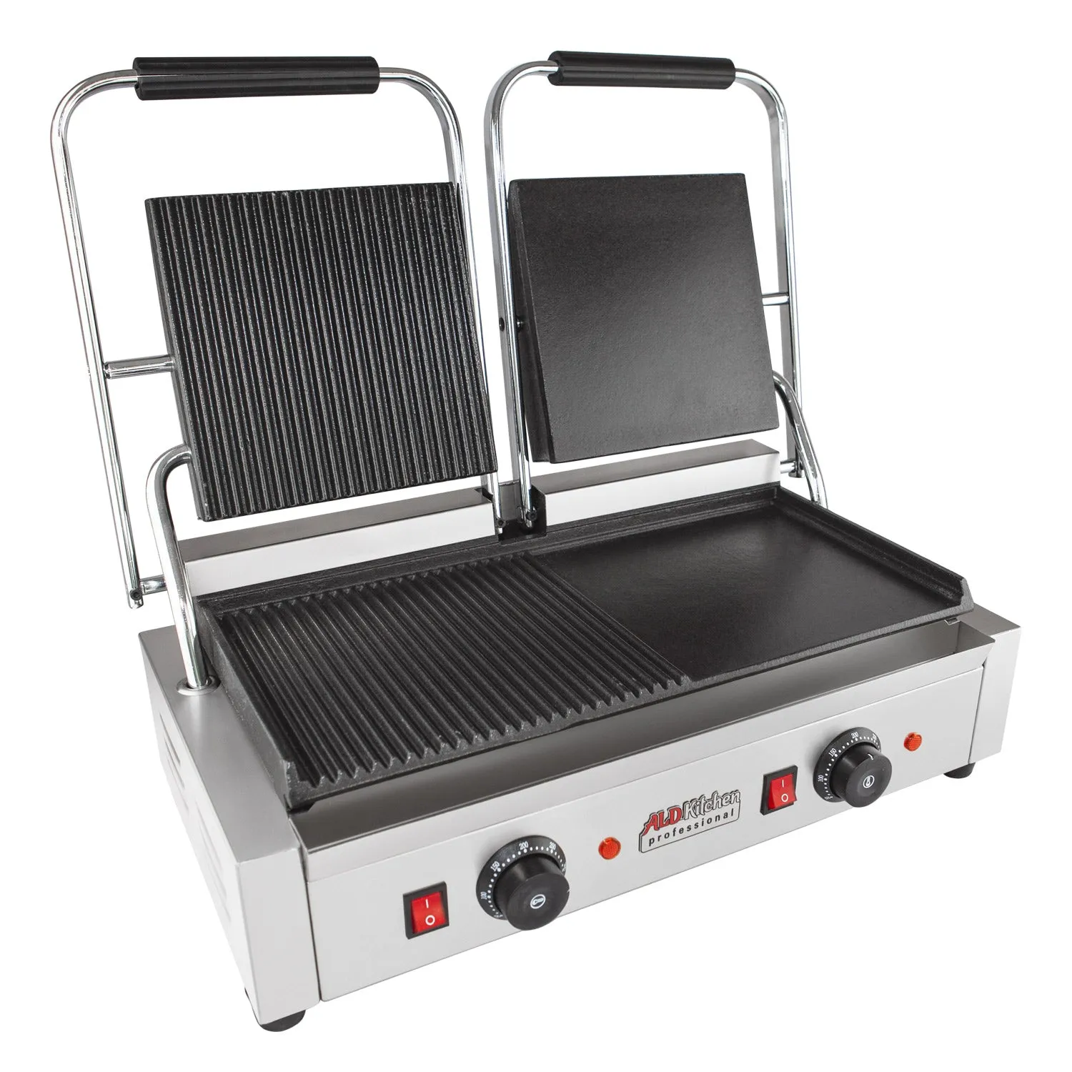 AP-691 Double Panini Press | Half-Ribbed & Half-Flat Sandwich Maker | Cast-Iron Plates | Nonstick Coating