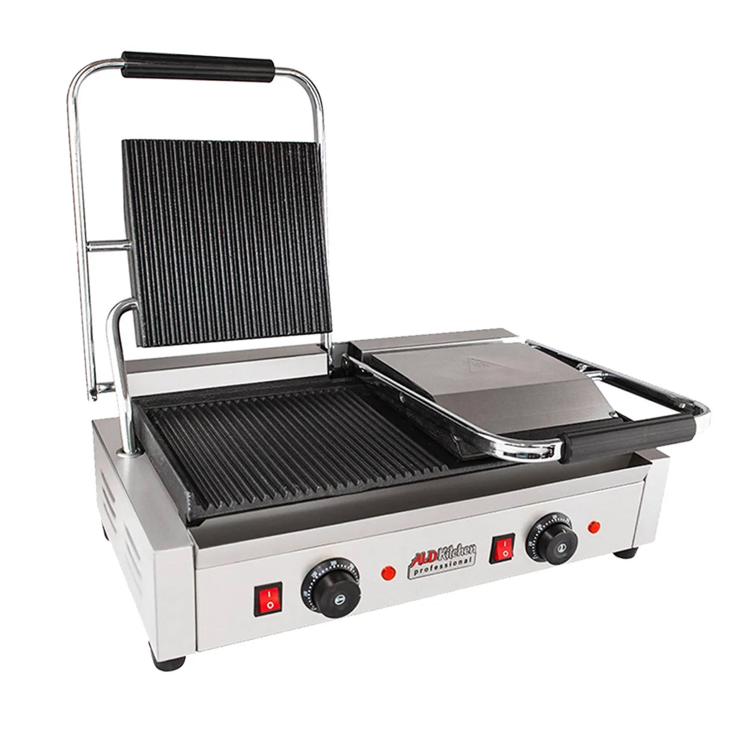 AP-691 Double Panini Press | Half-Ribbed & Half-Flat Sandwich Maker | Cast-Iron Plates | Nonstick Coating