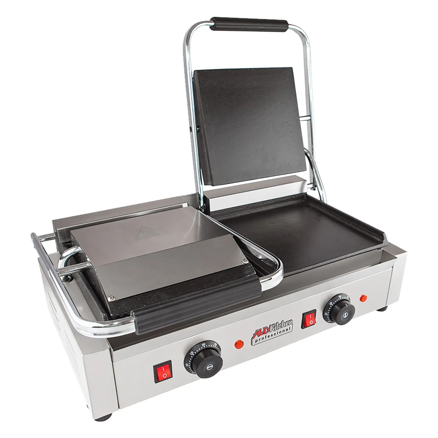 AP-691 Double Panini Press | Half-Ribbed & Half-Flat Sandwich Maker | Cast-Iron Plates | Nonstick Coating