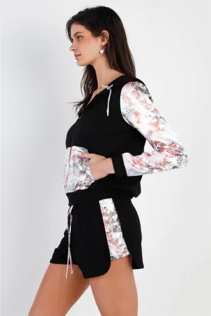 Black & Multi Color Print Colorblock Zip-Up Hooded Top & Short Set /2-2-2