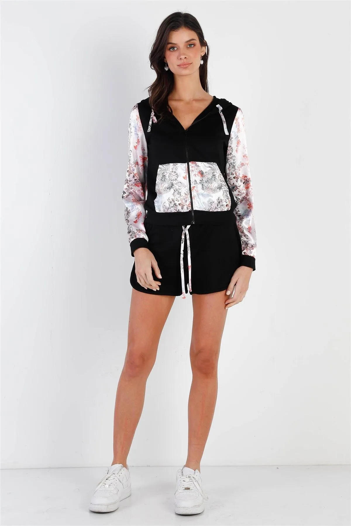 Black & Multi Color Print Colorblock Zip-Up Hooded Top & Short Set /2-2-2