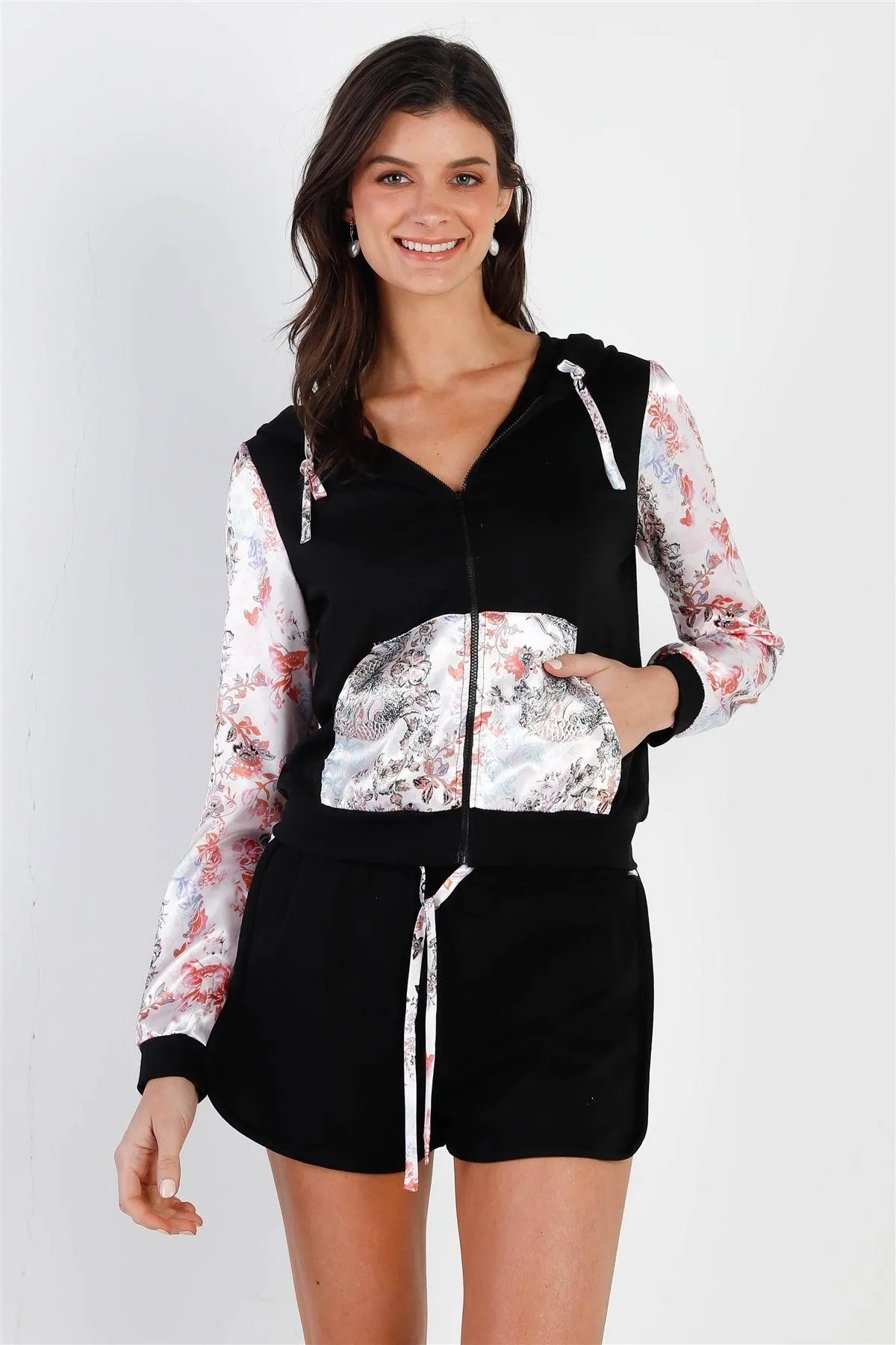 Black & Multi Color Print Colorblock Zip-Up Hooded Top & Short Set /2-2-2