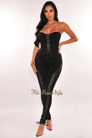 Black Strapless Bustier Lace Up Boned Pants Two Piece Set