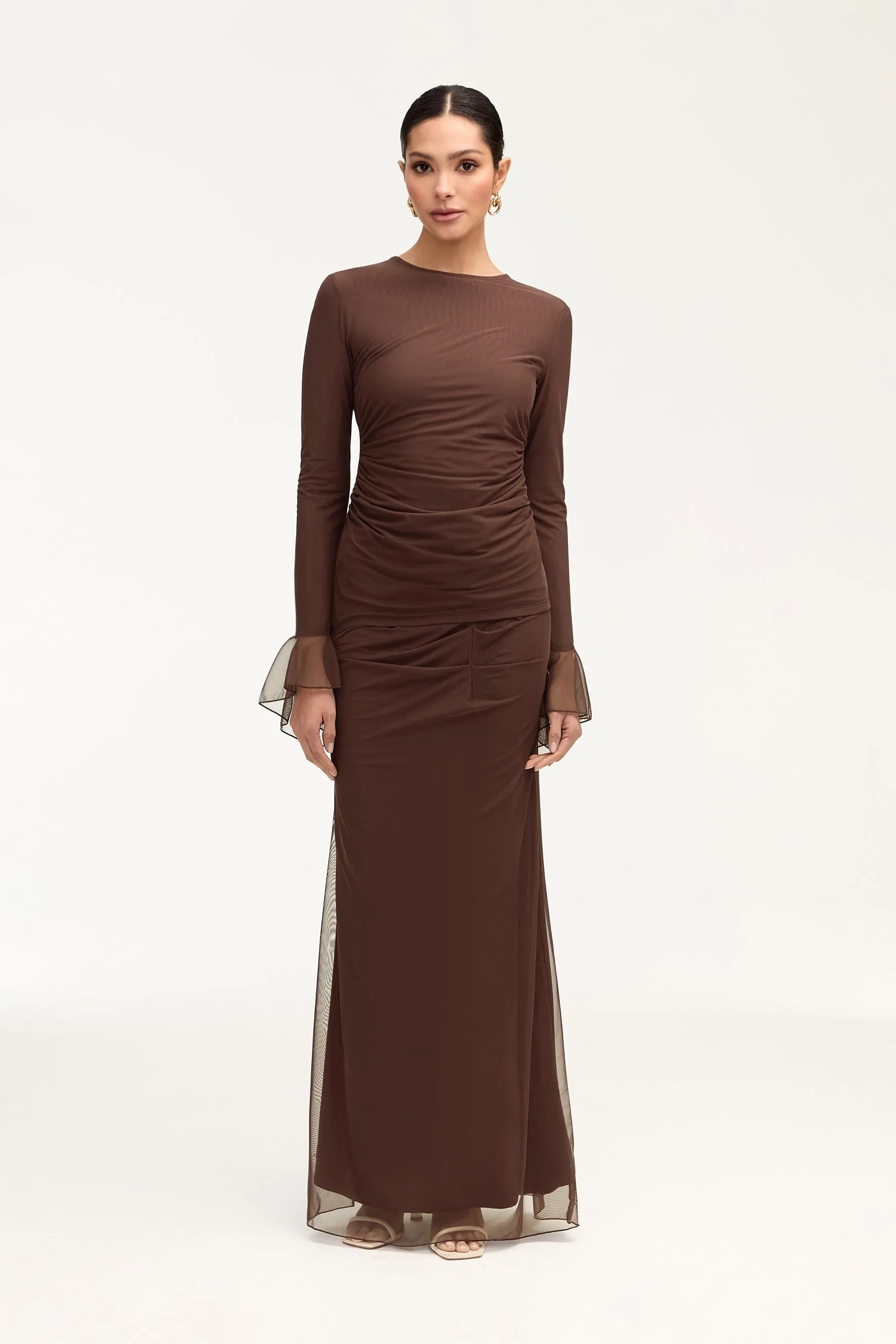 Capri Rouched Mesh Maxi Skirt - Espresso