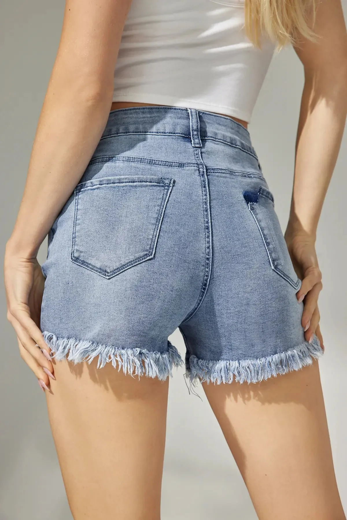 Casual Plain Ripped Regular Denim Shorts