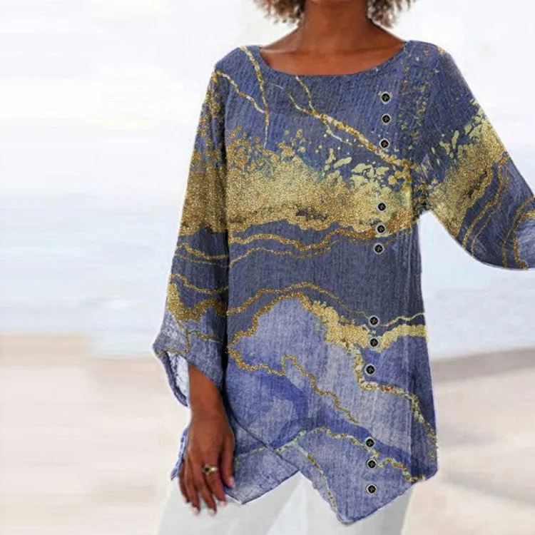 Casual round neck irregular hem long sleeve printed blouse