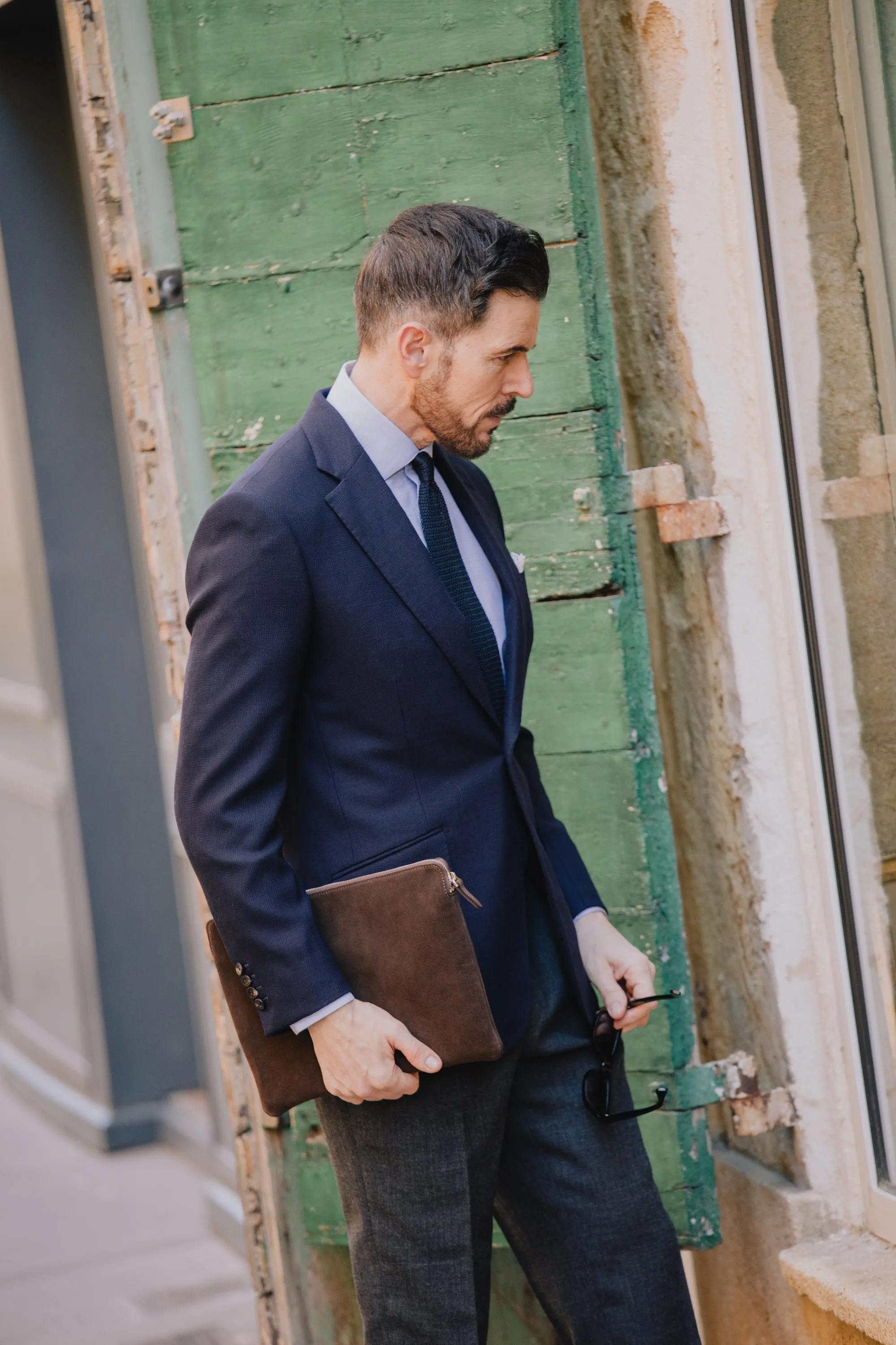 Classic Notch Lapel Jacket in Navy Hopsack Wool