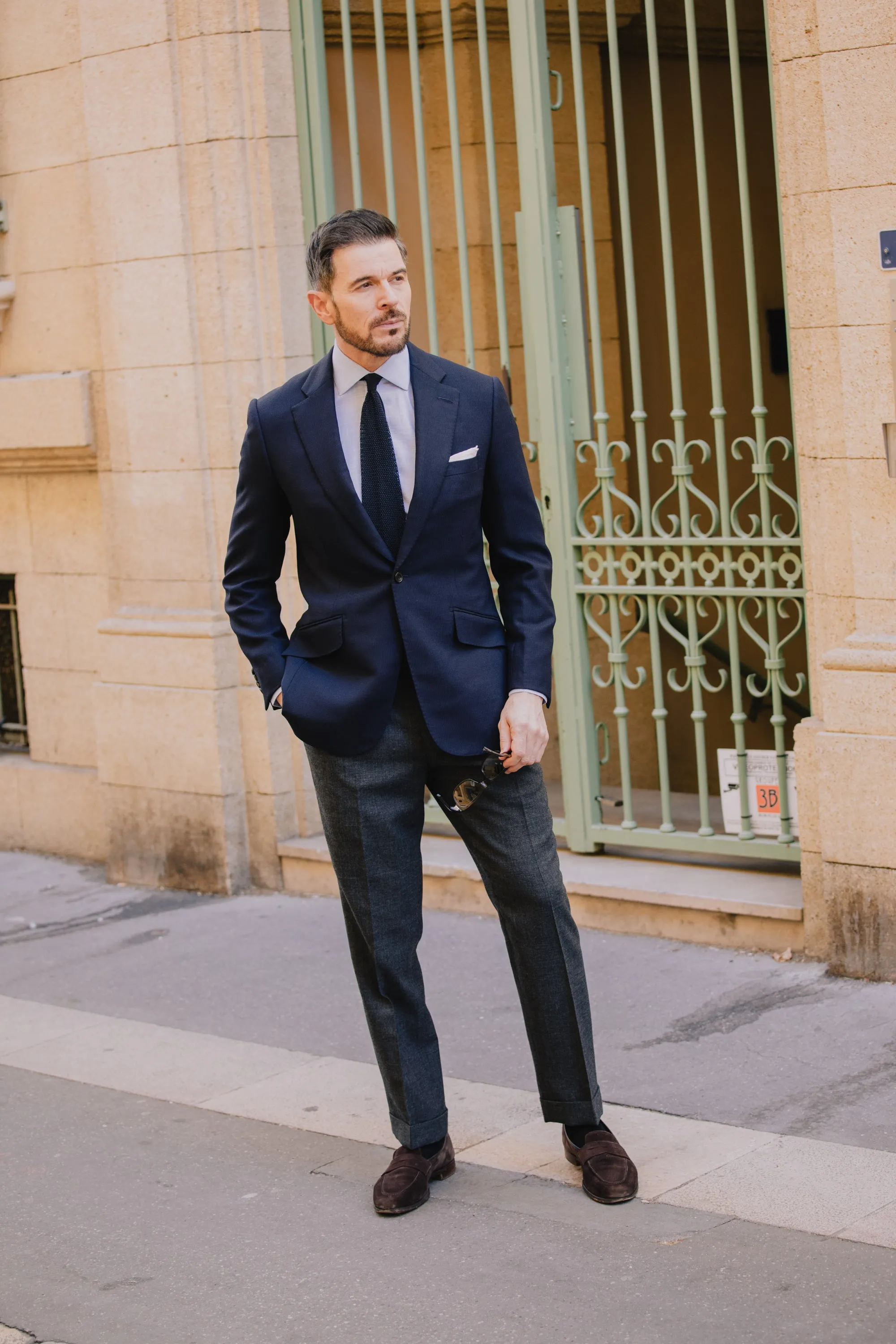 Classic Notch Lapel Jacket in Navy Hopsack Wool