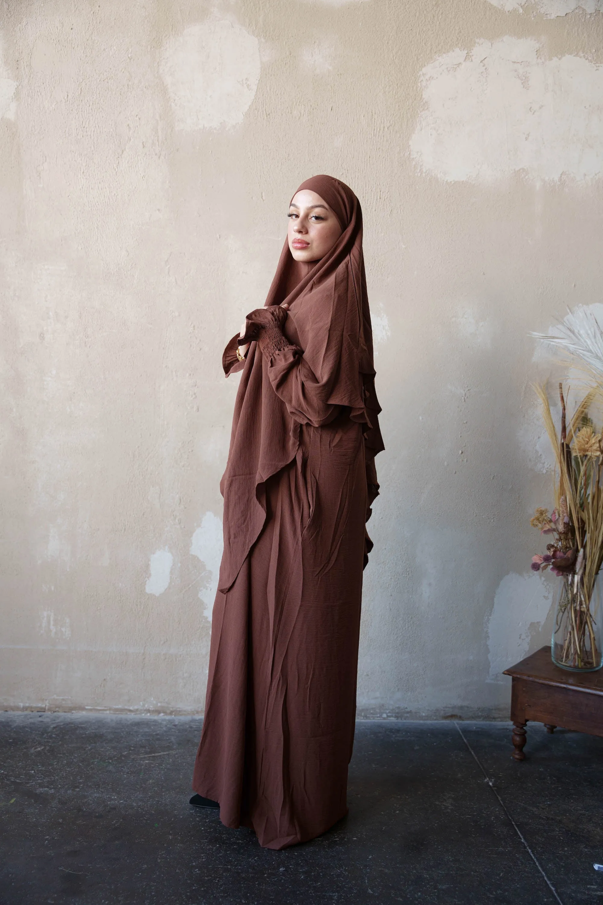 Coffee Ruched Cuff Bell Sleeves Abaya Maxi Dress