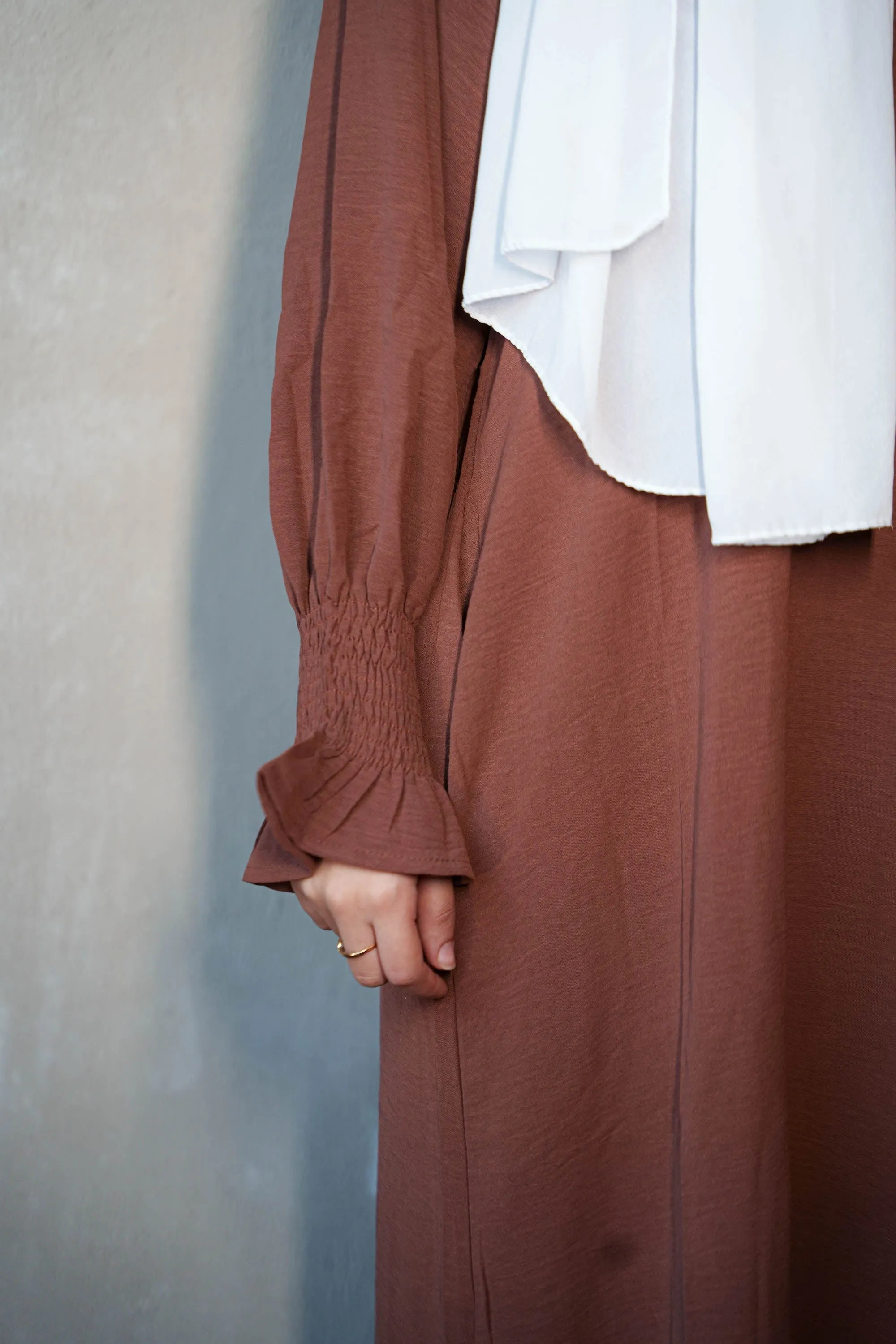 Coffee Ruched Cuff Bell Sleeves Abaya Maxi Dress