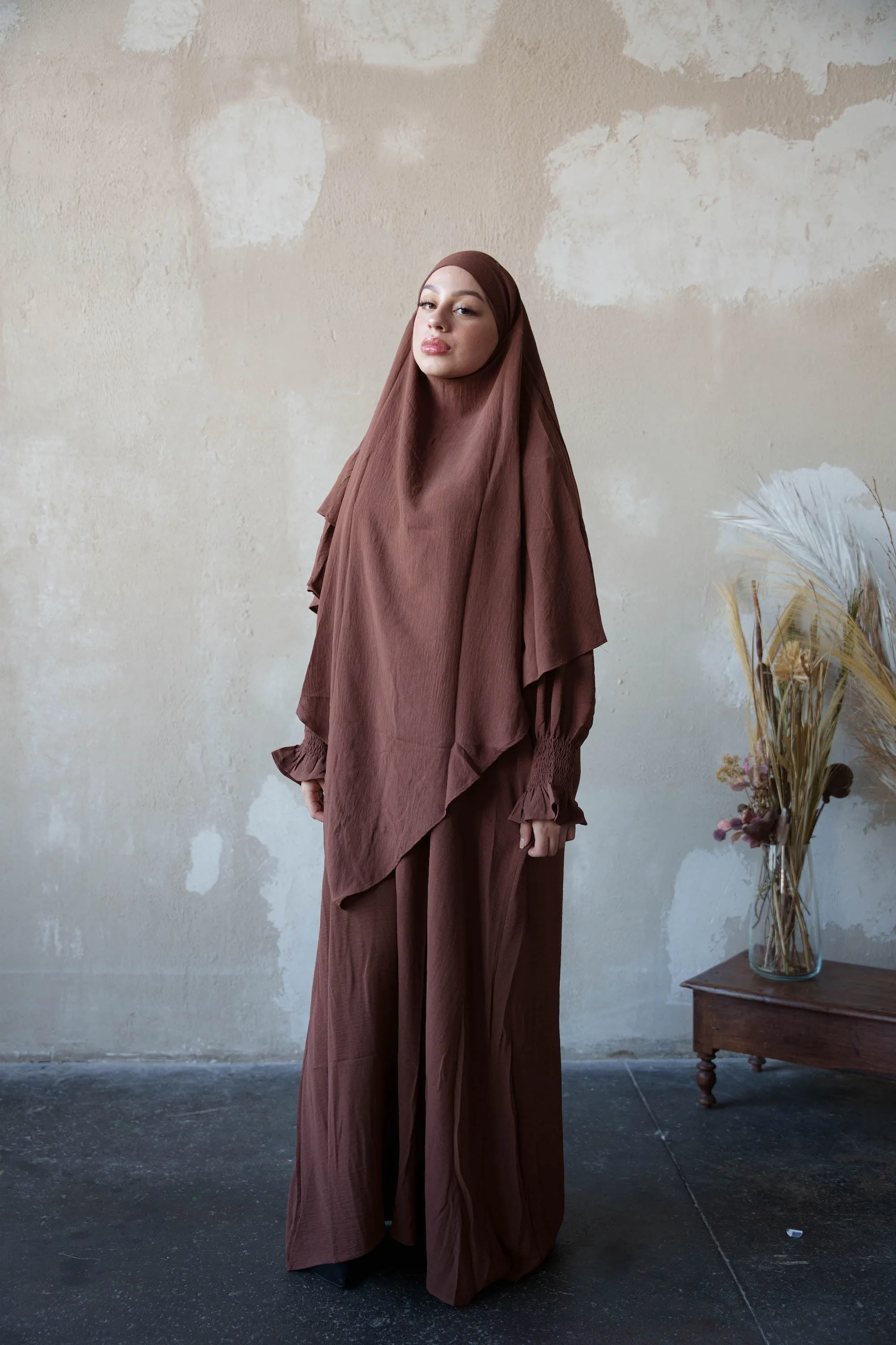 Coffee Ruched Cuff Bell Sleeves Abaya Maxi Dress