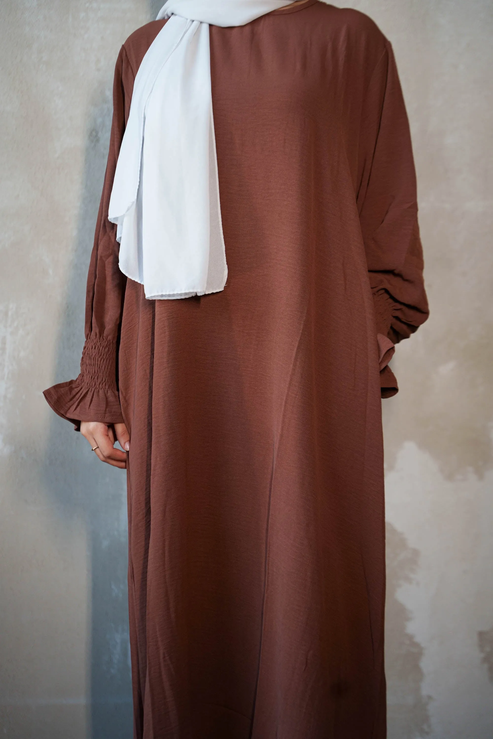 Coffee Ruched Cuff Bell Sleeves Abaya Maxi Dress