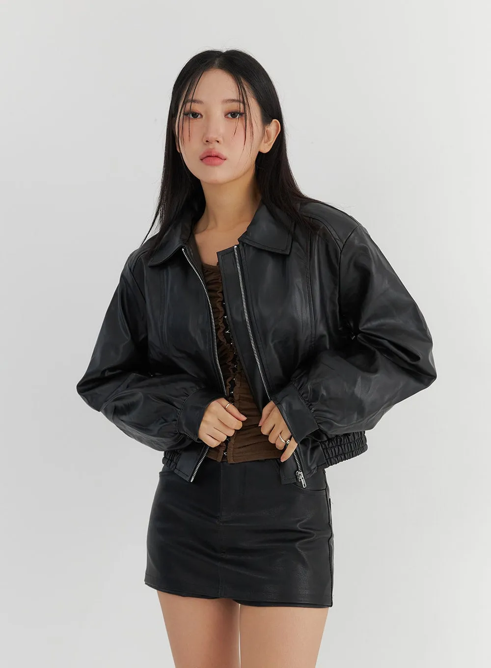 Collar Faux Leather Zip-Up Jacket CO325