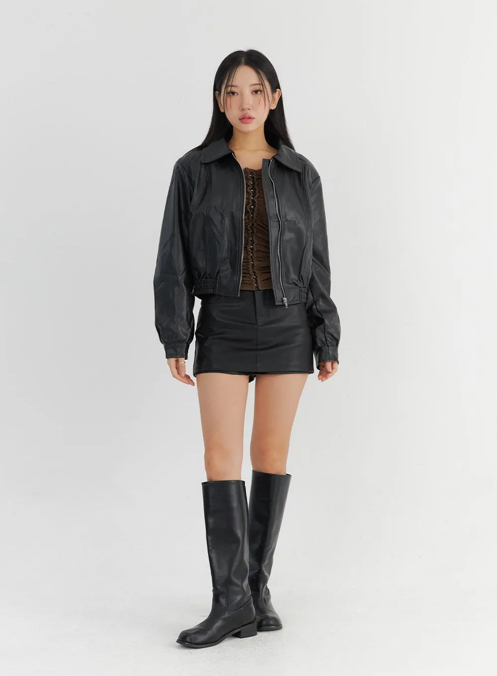 Collar Faux Leather Zip-Up Jacket CO325