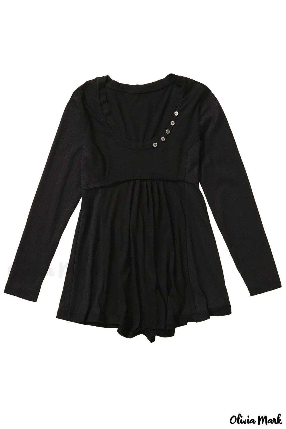 Deanwangkt - Black Babydoll Blouse with Long Sleeves and Solid Color Buttons