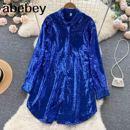 deanwangkt Blouse Shirts Long Sleeve Top Button Up Shirt Y2K Vintage Women Clothing Club Party Glitter Top Female Collared Shirt