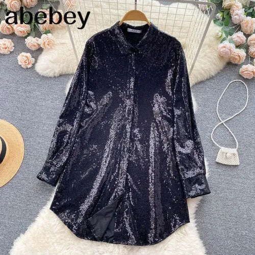 deanwangkt Blouse Shirts Long Sleeve Top Button Up Shirt Y2K Vintage Women Clothing Club Party Glitter Top Female Collared Shirt