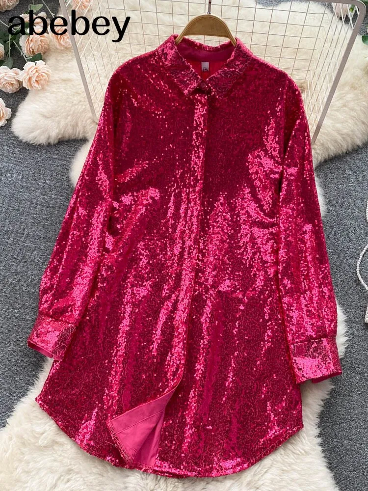 deanwangkt Blouse Shirts Long Sleeve Top Button Up Shirt Y2K Vintage Women Clothing Club Party Glitter Top Female Collared Shirt