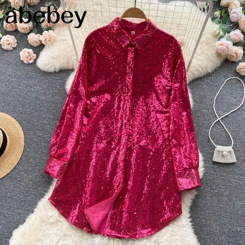 deanwangkt Blouse Shirts Long Sleeve Top Button Up Shirt Y2K Vintage Women Clothing Club Party Glitter Top Female Collared Shirt