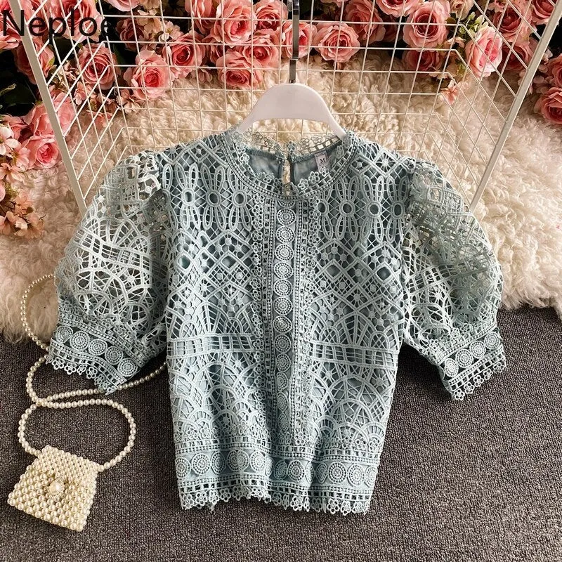 deanwangkt Mujer De Moda  Vintage Puff Sleeve Blouses Hollow Out Crochet Floral Crop Tops Korean Summer Elegant Lace Shirts