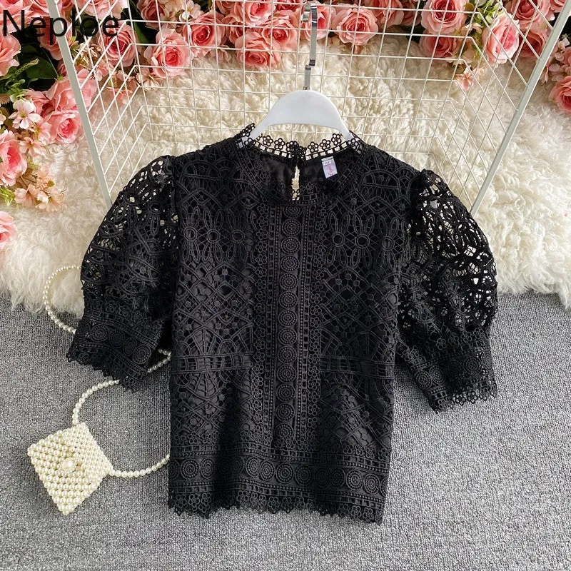 deanwangkt Mujer De Moda  Vintage Puff Sleeve Blouses Hollow Out Crochet Floral Crop Tops Korean Summer Elegant Lace Shirts