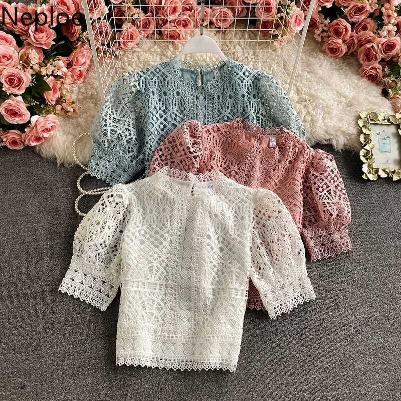 deanwangkt Mujer De Moda  Vintage Puff Sleeve Blouses Hollow Out Crochet Floral Crop Tops Korean Summer Elegant Lace Shirts