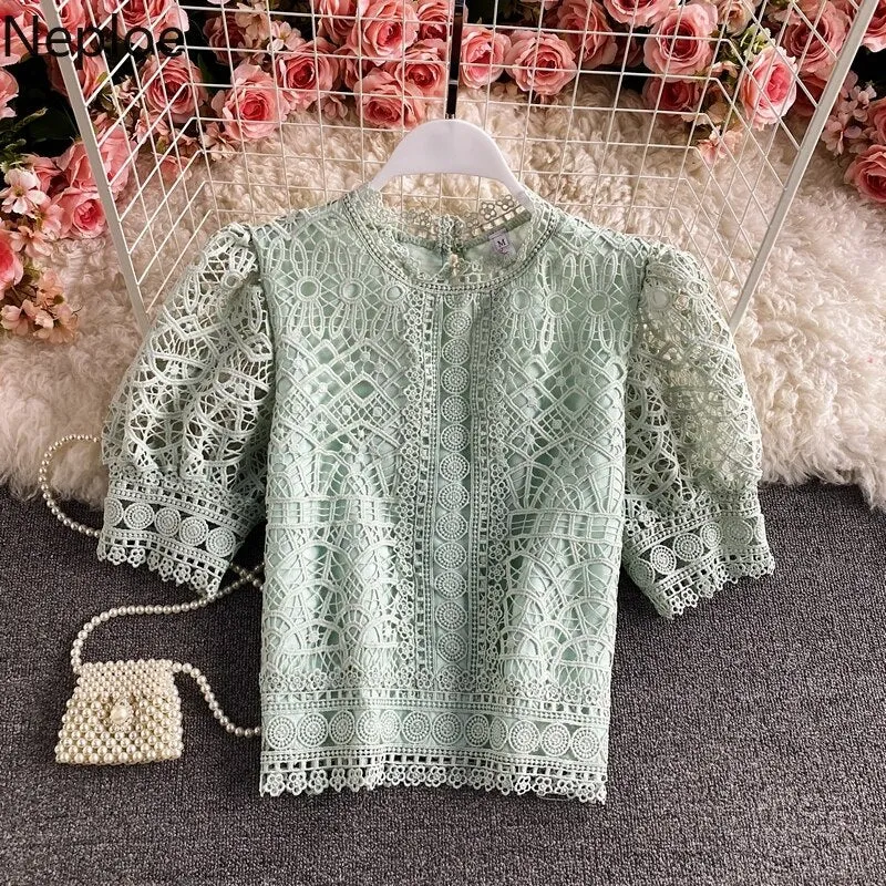 deanwangkt Mujer De Moda  Vintage Puff Sleeve Blouses Hollow Out Crochet Floral Crop Tops Korean Summer Elegant Lace Shirts