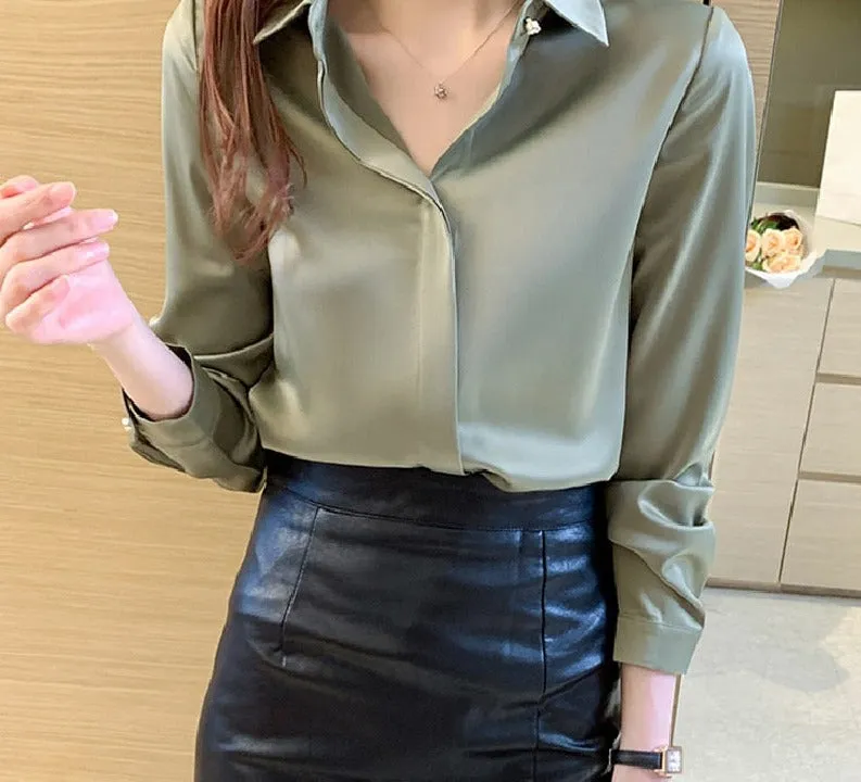 deanwangkt Office Lady Silk Women Shirt Blouse Tops Button Shirts Female Long Sleeve Satin Blouses For Women Clothing Chemise Femme 17276