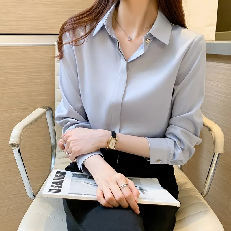 deanwangkt Office Lady Silk Women Shirt Blouse Tops Button Shirts Female Long Sleeve Satin Blouses For Women Clothing Chemise Femme 17276