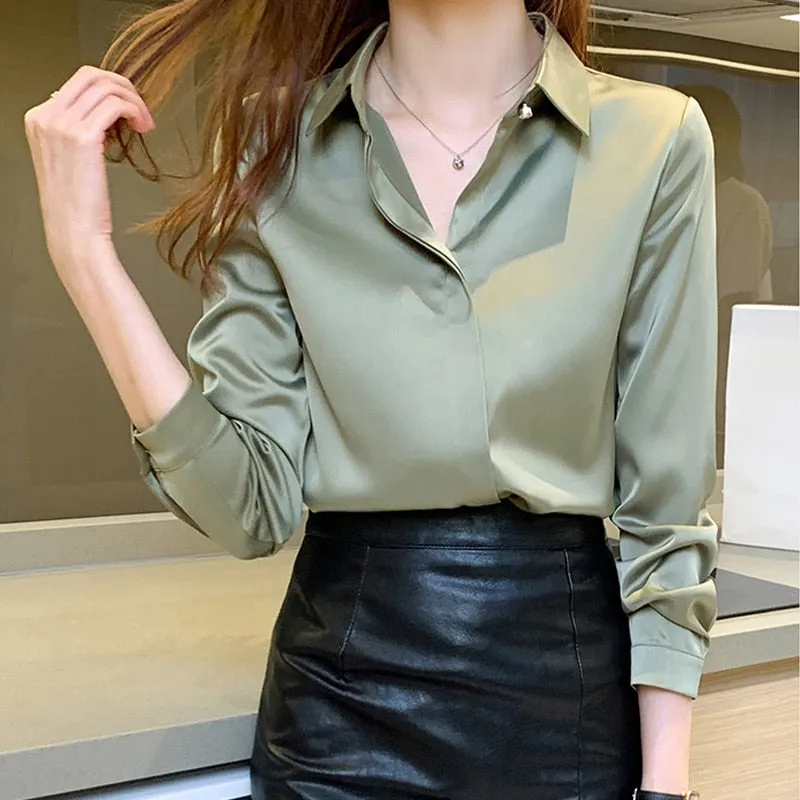 deanwangkt Office Lady Silk Women Shirt Blouse Tops Button Shirts Female Long Sleeve Satin Blouses For Women Clothing Chemise Femme 17276