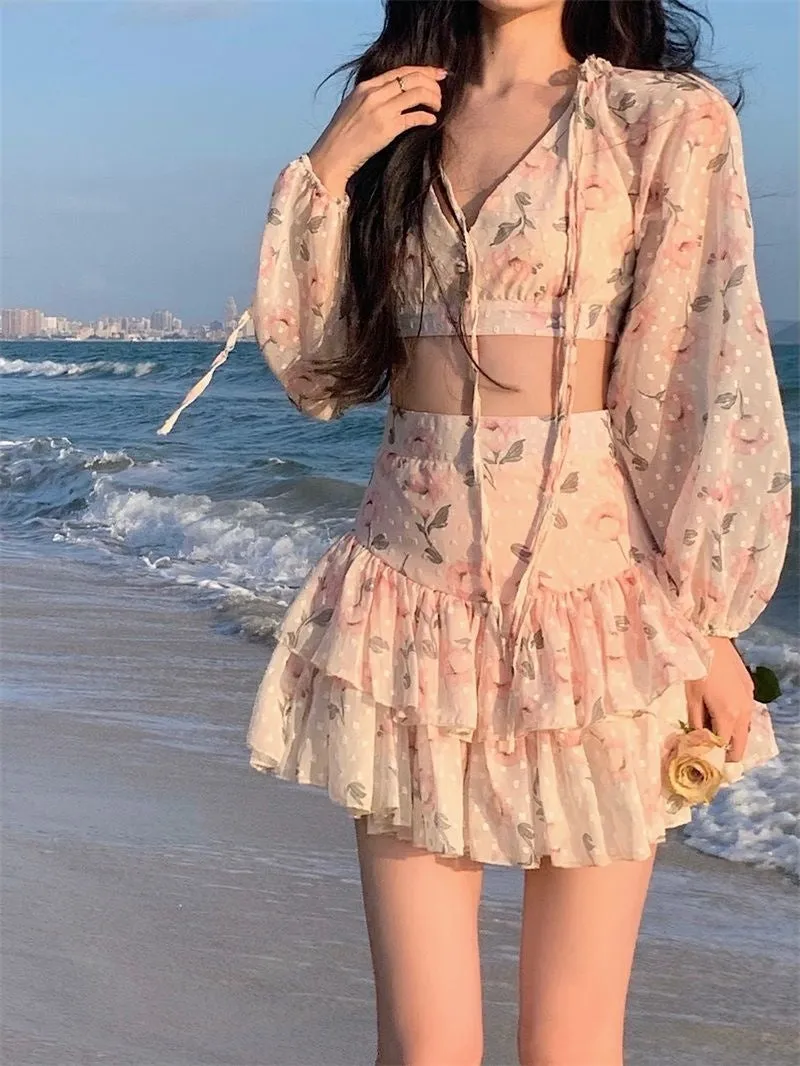 deanwangkt Spring Summer Sweet Two Piece Set Sexy Backless Shirt Crop Top   Cake Skirt Suits Floral Chiffon Boho Beach Outfits  Fairy Dress  For Women