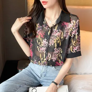 deanwangkt Summer Fashion elegant Women's chiffon Blouses printing ladies shirts short sleeve dress shirts Tops Blusas Mujer