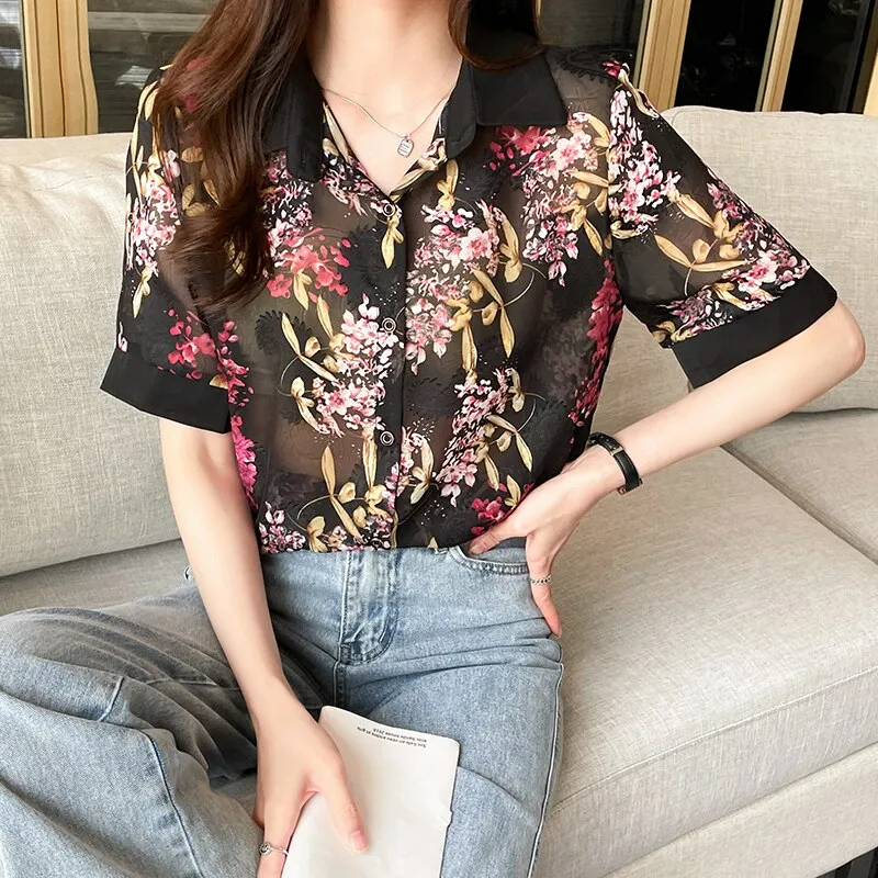 deanwangkt Summer Fashion elegant Women's chiffon Blouses printing ladies shirts short sleeve dress shirts Tops Blusas Mujer