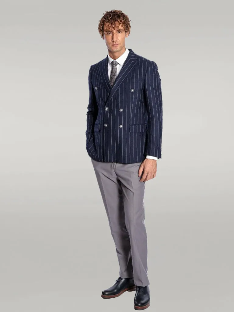 Double Breasted Slim Fit Striped Navy Blue Men Blazer - Wessi