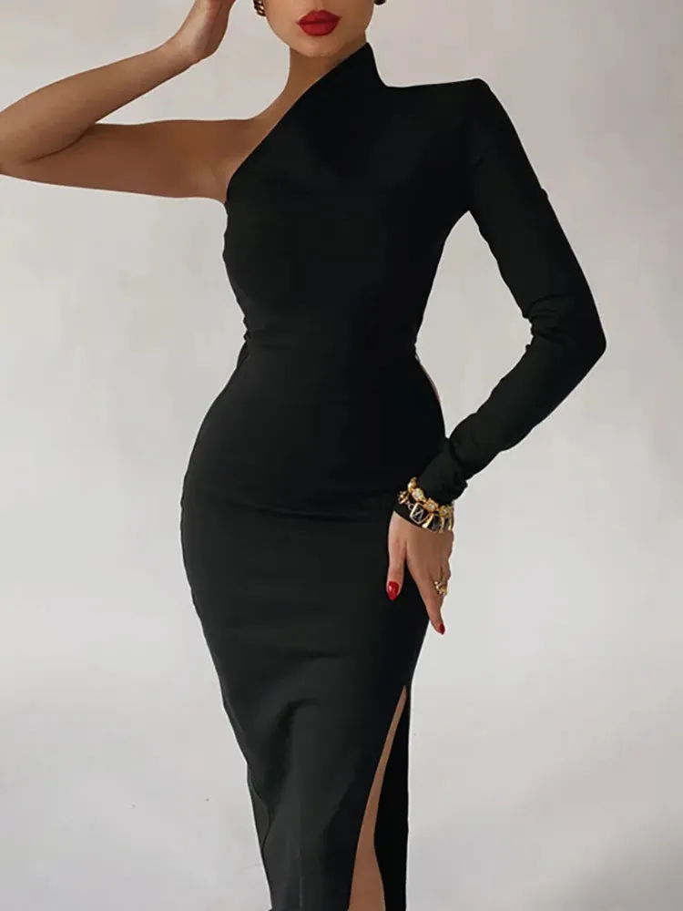 DressBetty - 2024 Summer One Shoulder Maxi Elegant Black Bodycon Dress